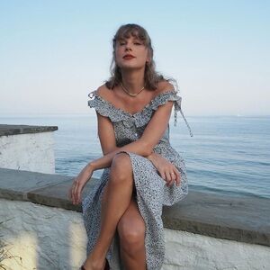 Doen Small Sleeveless Ruffle-Shoulder Midi Dress in Blue and white